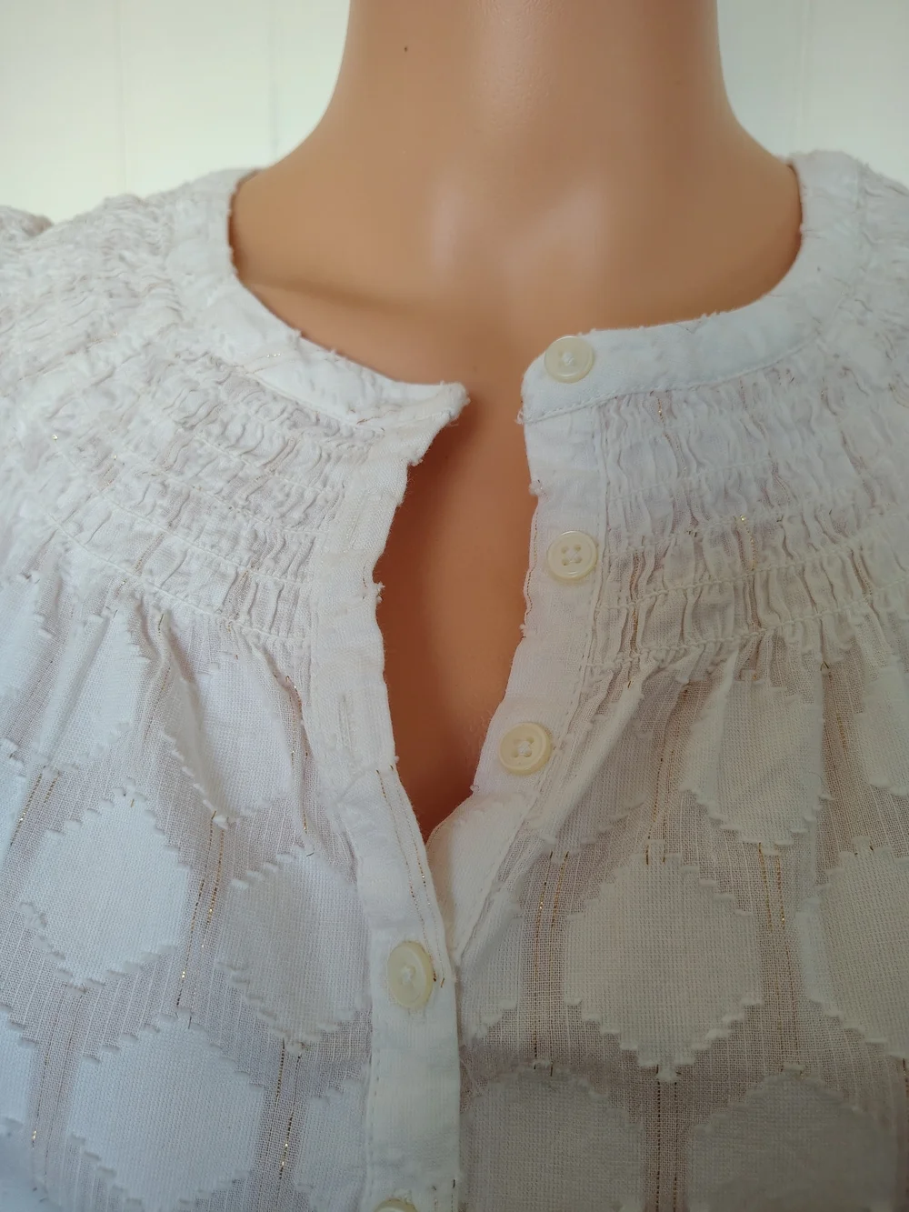 Loft Beige Puff-Sleeve Smocked Yoke Top Size XXS.